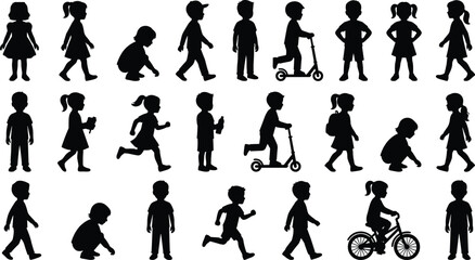 Large collection of playing kids walking running riding scooters and bicycle black vector silhouettes set © Mahsina