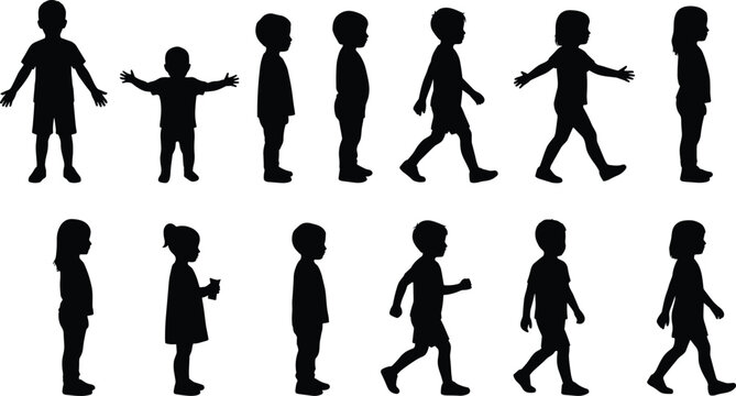 Diverse collection of toddlers and little children standing and walking black vector silhouettes set