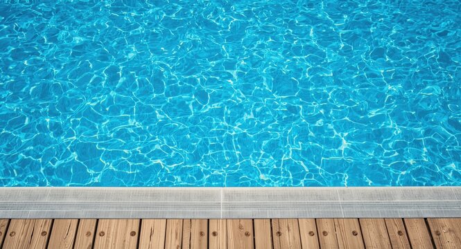 Leisure area featuring a crystal clear swimming pool with azure water beside a composite material wooden deck