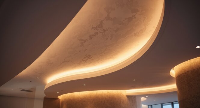 Interior design featuring curved wall edges and drop ceiling with integrated LED lighting