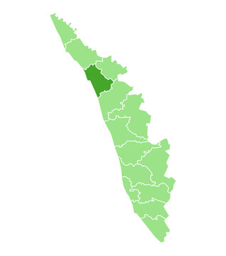 Kozhikode district highlighted in green on Kerala map