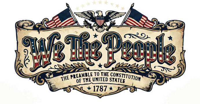 Constitution preamble text is presented with patriotic American eagle and flag imagery for historical and national documents.