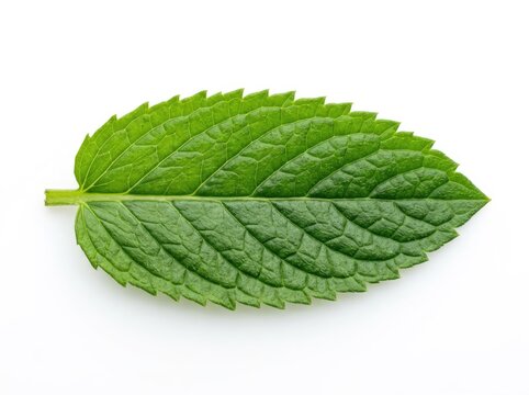 A close-up shot of a single vibrant green mint leaf with visible veins and a serrated edge, isolated on a clean white background