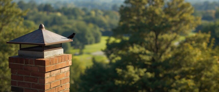 Chimney cap with bird overlooking green landscape
