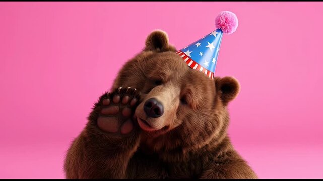 Whimsical Brown Bear Wearing a Festive Party Hat with Stars and Stripes Decoration, Cheerful