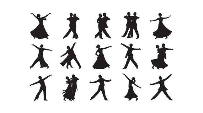 Dynamic silhouettes of dancers performing various moves including individual and partnered steps gracefully