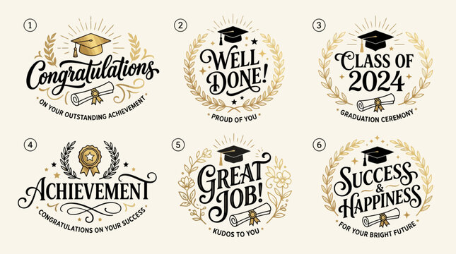 Celebratory graduation achievement badges with motivational messages for academic success