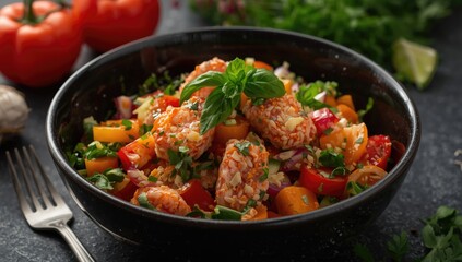 Fototapeta premium Colorful vegetable salad with herbs in a black bowl
