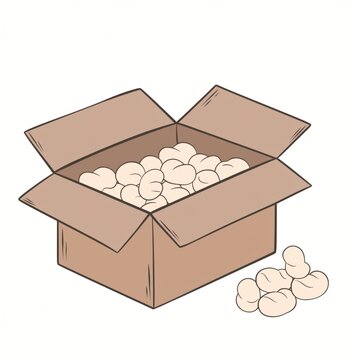 Open cardboard box filled with white packing peanuts, surrounded by loose packing materials, perfect for shipping and protecting fragile items during transport