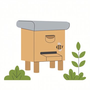 Simple and Minimalist Illustration of a Beehive Surrounded by Green Plants for Nature and Environment Themes