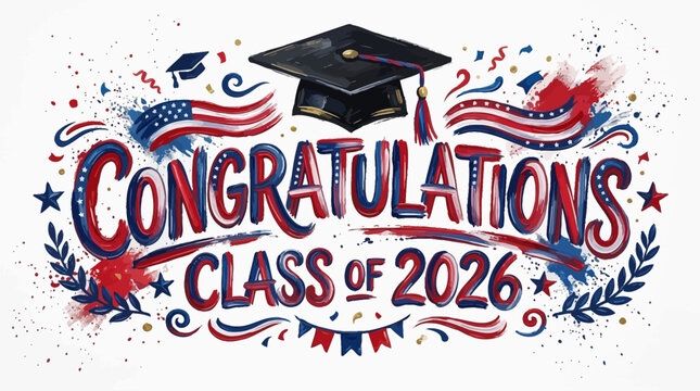 Celebratory graduation poster congratulating the class of 2026 with festive caps confetti