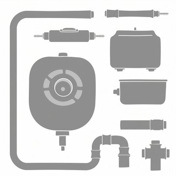 Various plumbing and piping components in gray color arranged neatly for home improvement, maintenance, and building projects