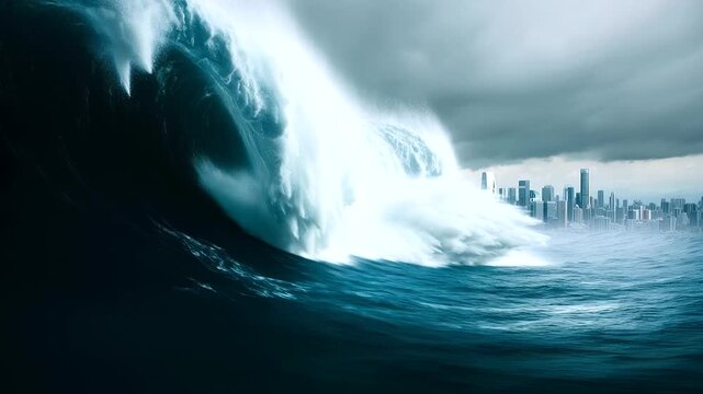 Massive storm tsunami wave crashing toward coastline, dramatic ocean disaster scene, dark storm clouds, cinematic lighting, powerful natural force, extreme weather concept, copy space
