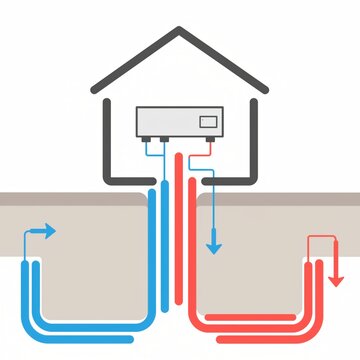 Diagram illustrating a home heating and cooling system with blue and red flow lines representing temperature regulation in the structure