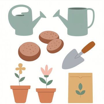 Gardening Tools and Supplies with Watering Cans, Flower Pots, and Soil Discs for Plant Lovers and Enthusiasts for Springtime Projects