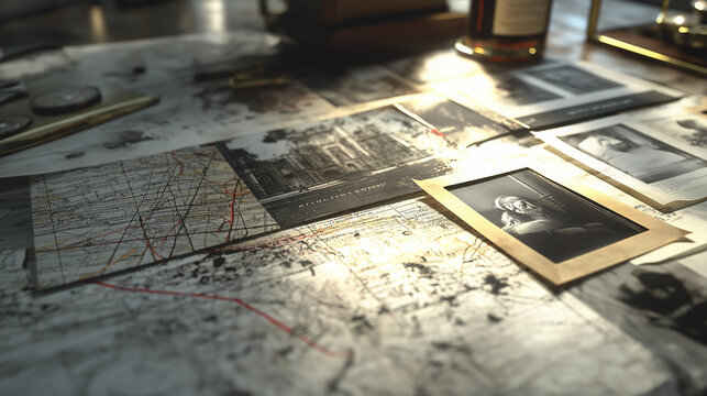 An atmospheric portrayal of a meticulous investigation, with vintage photographs, marked maps, and cryptic clues on a dimly lit desk, evoking profound discovery and untold secrets