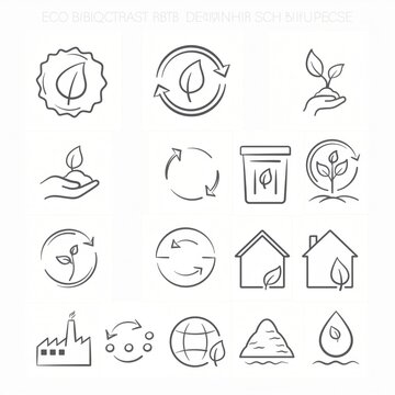 Collection of Eco-Friendly Icons Featuring Leaves, Recycling Symbols, Nature, Sustainability, and Environmental Care for Creative Projects