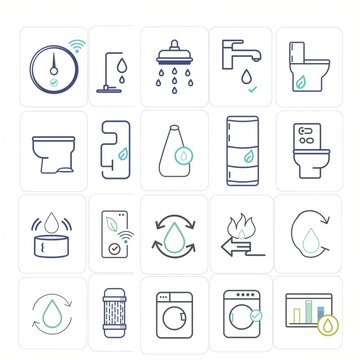 Collection of modern water conservation icons featuring faucets, showers, toilets, and smart technology representations for environmental sustainability initiatives