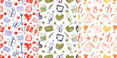 Naklejka premium Party Motif Pattern With Gifts Champagne And Cherries Watercolor Style