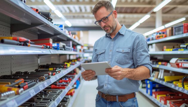 Man using digital tablet in hardware store aisle to check tools.