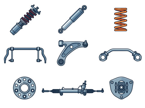 Performance suspension icon set featuring coilover suspension, shock absorber, lowering spring, sway bar, control arm, strut brace, wheel spacer, steering rack, camber plate, flat vector illustration