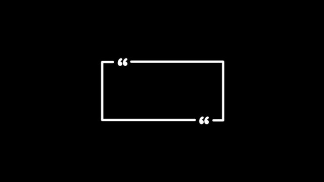 Text quote sign. White Icon with long shadow at black background. rectangle box with quotation marks animation. Rectangle doodle frames with quote.