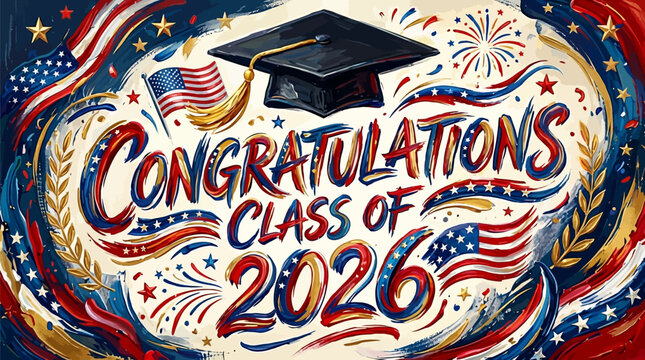 Celebratory graduation illustration featuring a class of 2026 cap fireworks and patriotic elements for academic achievement announcements