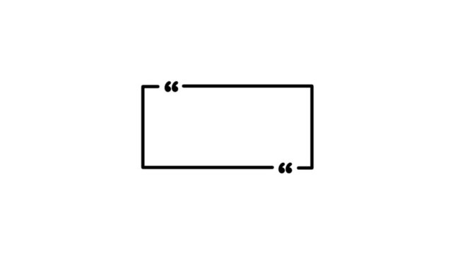 Text quote sign. black Icon with long shadow at white background. rectangle box with quotation marks animation. Rectangle doodle frames with quote.