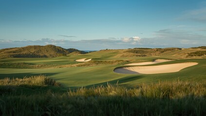 Obraz premium Soothing golf terrain image showing cared for greens and sandy bunkers among hills