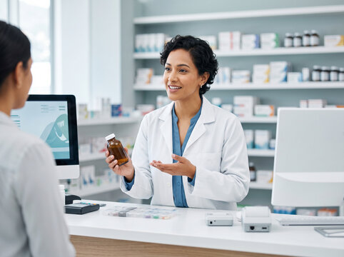 Professional female pharmacist explaining medication to a customer in a modern pharmacy