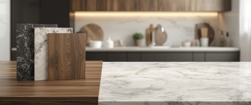Sample materials for kitchen countertops on a wooden table