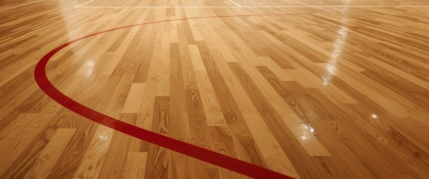 Wooden basketball court flooring with a red marking