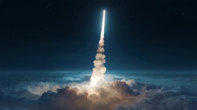 Spectacular rocket launch seen from space above Earth, brilliant white plume stretching into orbit, glowing atmospheric rim and warm dawn light over the curved horizon.