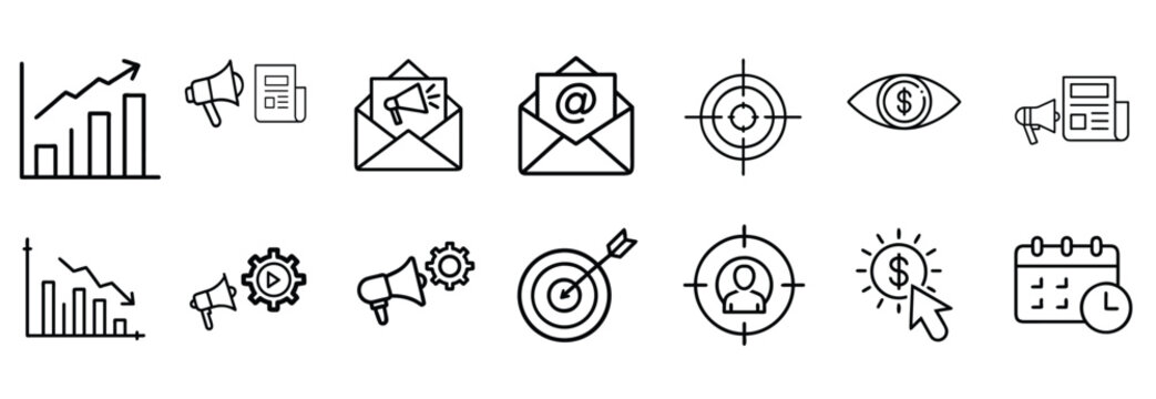 Advertising campaign outline icons set, digital newsletter, money vision, user audience, calendar schedule & more vector illustration with editable stroke.