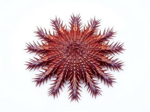 A close-up, top-down view of a Crown-of-thorns starfish with its sharp spines extended, showcasing its intricate radial symmetry and textured surface on a plain white background