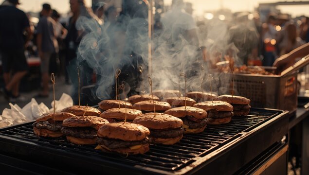 Hearty flame grilled burgers served during bright open air food festival with attendees relishing street snacks