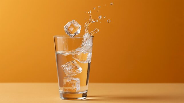Un cubito de hielo cae en un vaso de bebida refrescante de color naranja