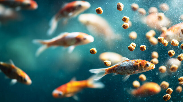 Close-up of goldfish feeding on pellets in clear water with bubbles