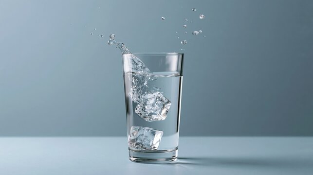 Un cubito de hielo cae en un vaso de agua refrescante sobre fondo azul