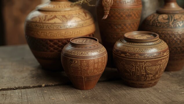 Selection of vintage Thai pottery jars with sophisticated decorations resting on textured wooden surface