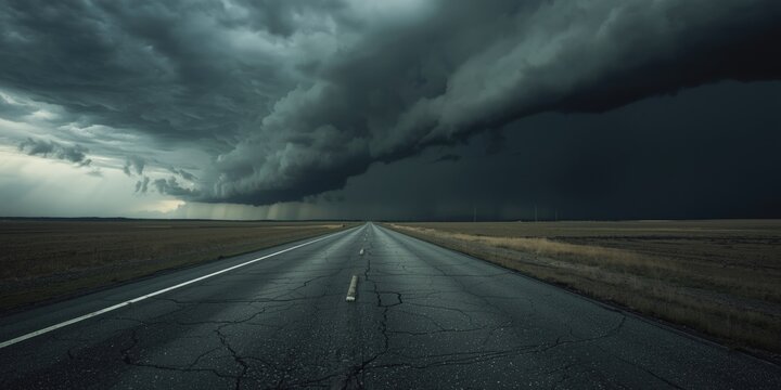 Dark storm clouds over an empty highway in the countryside
