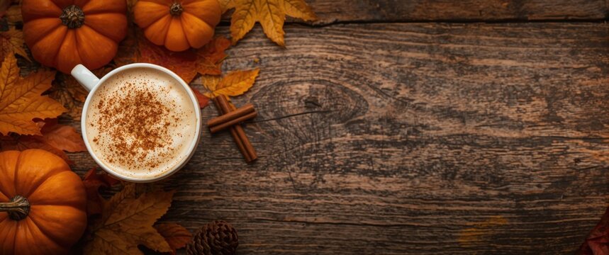 Warm pumpkin spice latte garnished with cinnamon powder placed on a textured wooden surface amidst lively autumn leaves and pumpkins with copy space