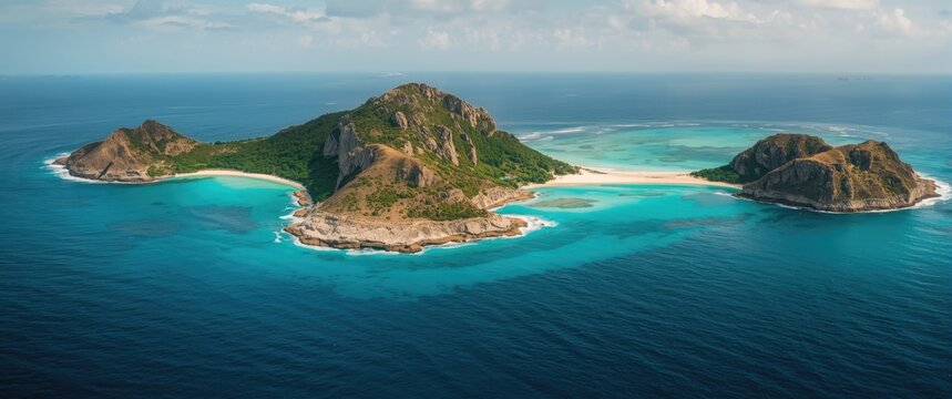 Picturesque islet framed by two islands highlighting a renowned blue lagoon and lively sea colors