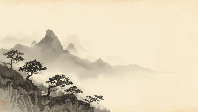 Timeless Asian ink wash creation depicting misty mountain terrain