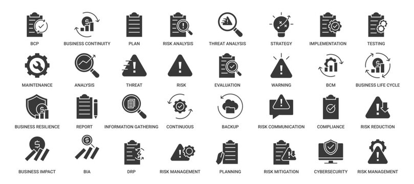 Business Continuity Icon Set Containing plan, risk analysis, strategy, implementation, threat analysis, business impact, risk reduction, management and mitigation vector icons