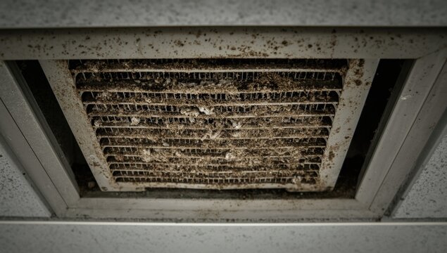 Dirty ceiling air vent with dust and grime buildup