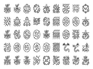Obraz premium Minimalist Black and White Vector Line Art Icon Set Featuring Regenerative Topsoil Networks and Soil Microbiome Analytics Symbols