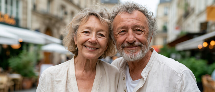 Retrato cercano de una pareja mayor elegante y feliz disfrutando de sus vacaciones en Par&iacute;s. Concepto de jubilaci&oacute;n activa, turismo premium, salud y bienestar. Banner panor&aacute;mico con fondo desenfocado 