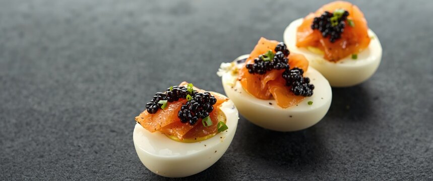 Deviled eggs topped with smoked salmon and caviar