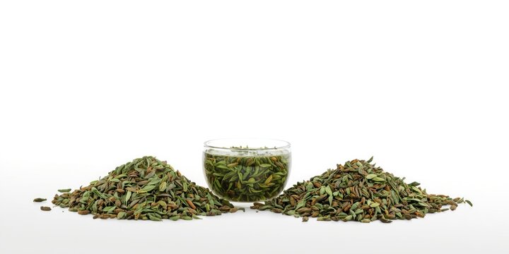 Green cumin seeds in piles next to a glass bowl of seeds